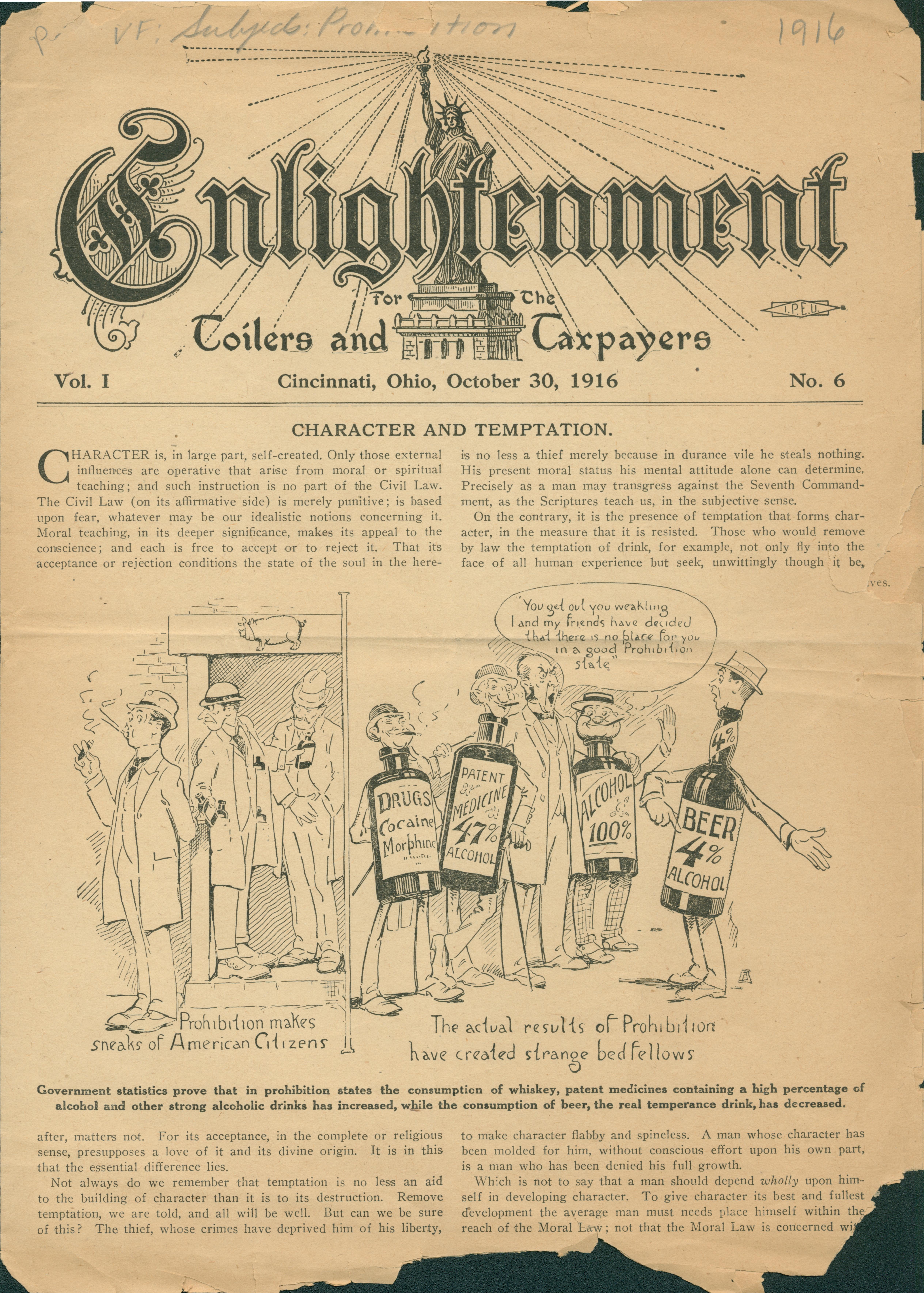 The front page of this publication shows the title, an article of character as it related to prohibition and two cartoons arguing against prohibition